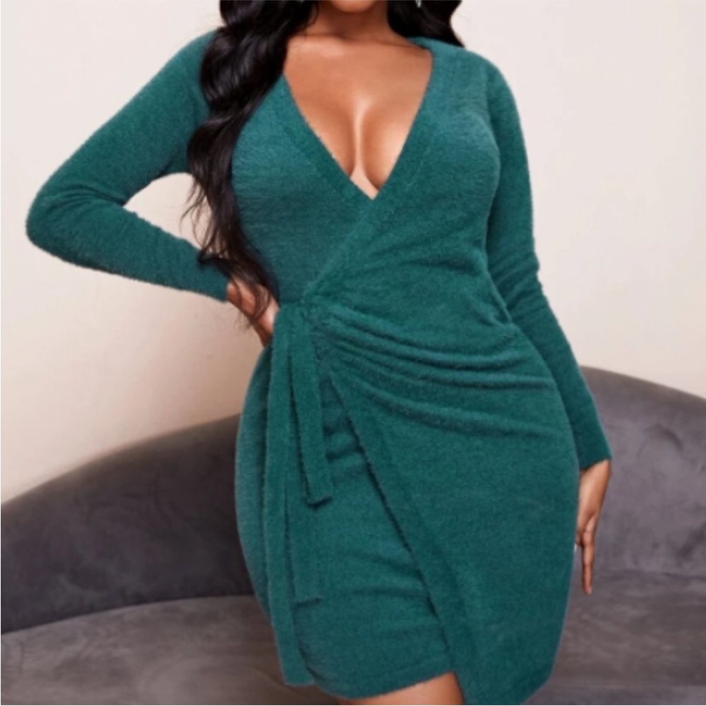 SHEIN Fuzzy Wrap Knot Side Sweater Dress